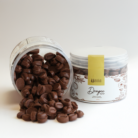 Jar of chocolate dragees with a visible brand label on a white background