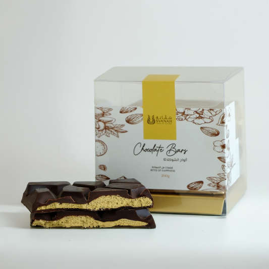 Chocolate bar with a clear packaging box featuring a brand logo on a white background